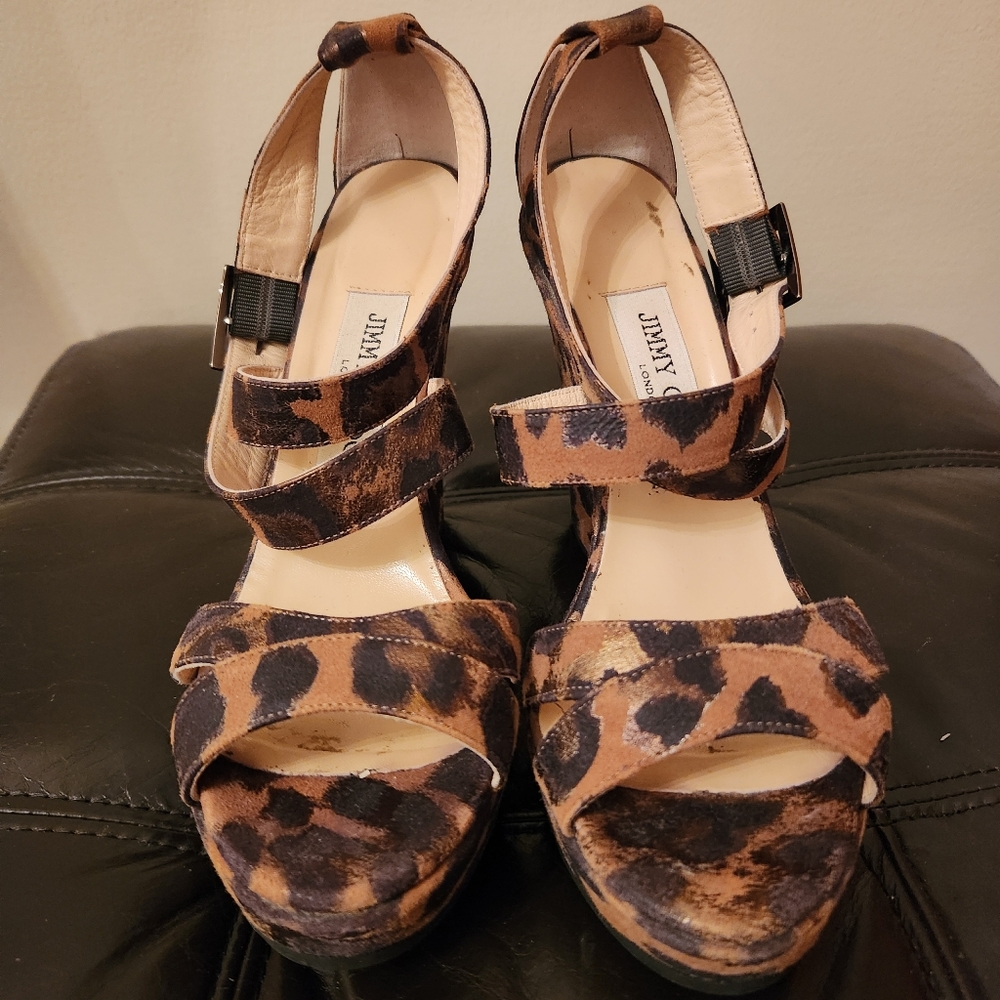 JIMMY CHOO Wedge Sandals PENNY Leperd Black/Gold Size 38